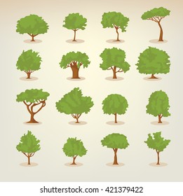 Collection of different kinds of deciduous trees illustrations in flat, simple style