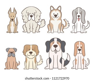 Collection of different kinds of dogs isolated on white background. Hand drawn dogs sitting in front view position. Vector illustration.