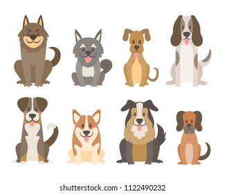 Collection of different kinds of dogs isolated on white background. Cute dogs in cartoon style sitting in front view position. Vector illustration.