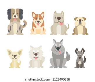 Collection of different kinds of dogs isolated on white background. Cute dogs in cartoon style sitting in front view position. Vector illustration.