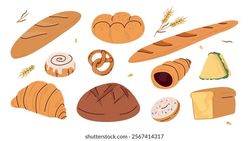 Collection of different kinds of homemade fresh bread. Illustration of a bakery products and bread assortment. loaf, croissant, baguette, milk bread, pretzel, Cinnabon, trdelnik, loaf, sandwich	