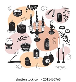 Colección con diferentes tipos de velas perfumadas y elementos de formas simples. Ilustración vectorial. Aislado sobre fondo blanco con puntos de color. Terapia aromática, relajación, ambiente romántico.
