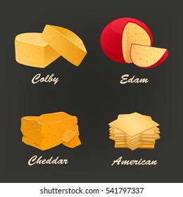 Collection Of Different Kinds Of Yellow Cheese Icon. Vector Illustration Include Cheddar, Colby, Edam And American Curd. Dairy Set Used For Logo Design, Advertising Cheese Or Restaurant Menu.