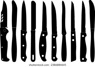 Collection of different kitchen knife illustrations isolated on white