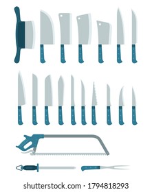 Collection of different knives, saws, hatchets for chopping food llustration in a flat design.