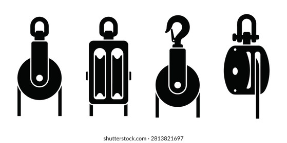 Collection of different lifting blocks and tackle. Industrial equipment for mechanical advantage and heavy loads.