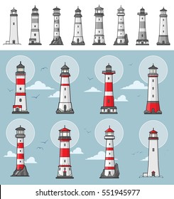 Collection of different lighthouse illustrations colored and monochrome versions