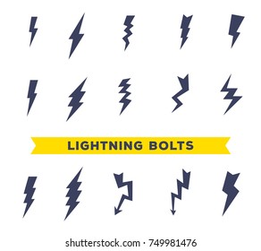 Collection of different lightning bolt on white background. Vector big set of black color lightning icon. Flat style for web design with ribbon and text. Graphic design elements variation zigzag