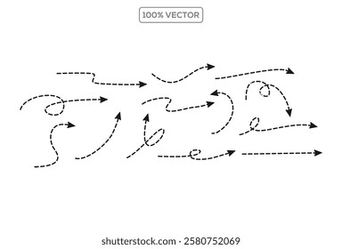 Collection of different line arrows. Line curved vector editable stroke arrows template