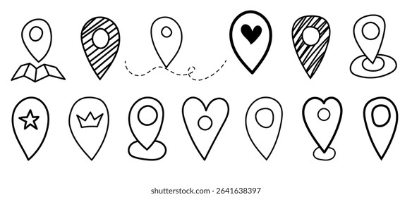 A collection of different location markers illustrated in simple black outlines. The markers include variations with patterns, hearts, stars, and crowns, ideal for map designs.