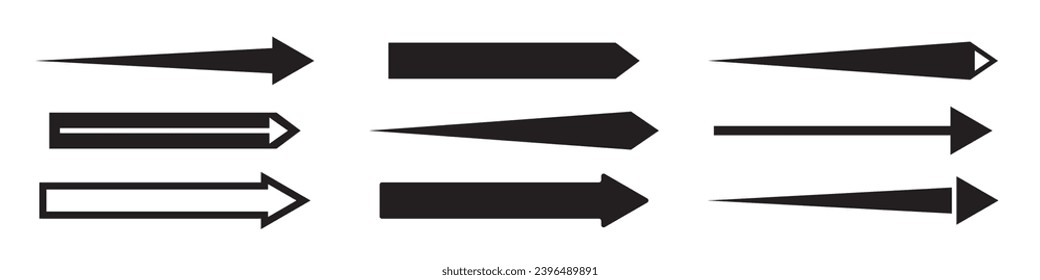 Collection of different long black straight arrows pointing to the right. Vector design element isolated on white background.