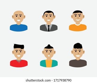 A collection of different male characters. men with various forms of hair, facial expressions, and clothing. Vector illustration in cartoon style