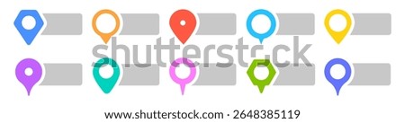 Collection of different marker location text tag icons. Map pin icons with space for text vector set