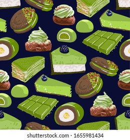 Colección de diferentes postres matcha, como pasteles, crepes, chocolates, pasteles, mochi y semlas. Vector repetido y sin fisuras
