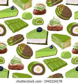 Collection of different matcha desserts, such as cakes, pancakes, chocolates, pies, mochi and semlas. Vector repeated seamless pattern