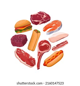 Collection of different meat foods flat vector illustration. Meat, fish, fast food. Proteins. Isolated illustrations in circle.