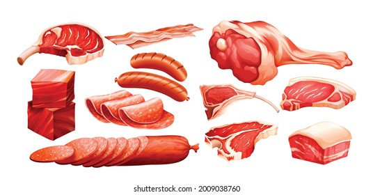 Colección de diferentes carnes. Conjunto de carnes diferentes. Conjunto de carnes diferentes. Envase o grupo de diferentes carnes. diseño de dibujos animados. Carne, cerdo, pollo y salchichas. Ilustración vectorial plana.