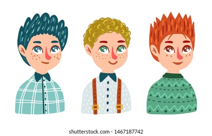 Collection of different men. Vector illustration with boys on white background, hand drawn style.