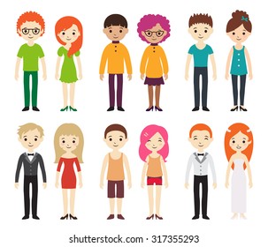 Collection of different men and women in business clothes and free-style. Vector illustration with businessman and businesswoman, flat style. 