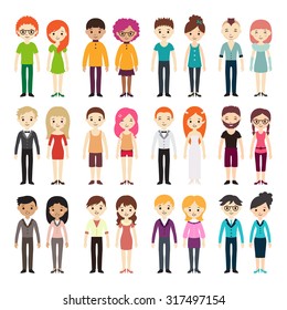 Collection of different men and women in business clothes and free-style. Vector illustration with businessman and businesswoman, flat style. 