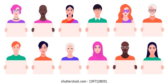 Collection of different men and women holding clean placards. Young and old peoples cartoon characters demonstrating empty banners. Vector flat illustration