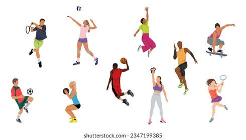 Collection of different men and women performing various sports activities, playing basketball, volleyball, tennis, soccer, football. Vector realistic illustrations isolated on white background