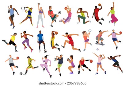 Colección de diferentes hombres y mujeres que realizan diversas actividades deportivas, jugando baloncesto, voleibol, tenis, fútbol, fútbol. Ilustraciones vectoriales realistas aisladas en fondo blanco.