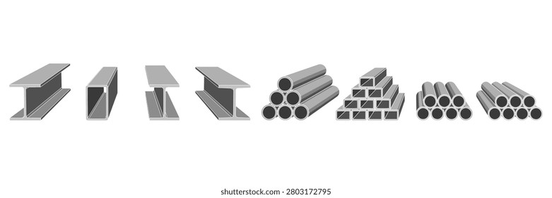 Collection of different metal profiles, pipes, and structural components showcasing industrial materials and cross-sections precisely.