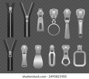 Collection Of Different Metal Zipper Pulls And Zippers Isolated On Transparent Background. Realistic 3d Vector Zippers