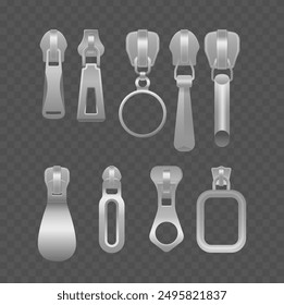 Sammlung von verschiedenen metallischen Reißverschluss-Designs einzeln auf transparentem Hintergrund. Realistische 3D-Vektorgrafik
