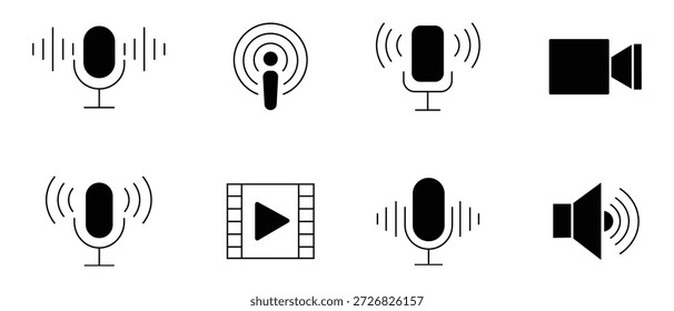 Colección de diferentes iconos de micrófono. Conjunto de micrófonos estudio profesional emisión podcast grabación de diseño de equipos de audio. Video Micrófono, símbolo, conversación, audio, estudio y más. 
