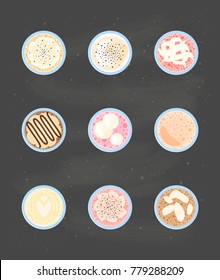 Collection of different milkshakes or smoothies with topping isolated on chalkboard background. Top view.