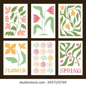 A collection of different minimalistic poster with a figured flower and leaves in soft colors. Artworks for interior decoration.