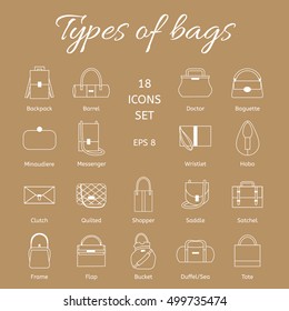 Collection of different models of handbags. Set of white line of icons