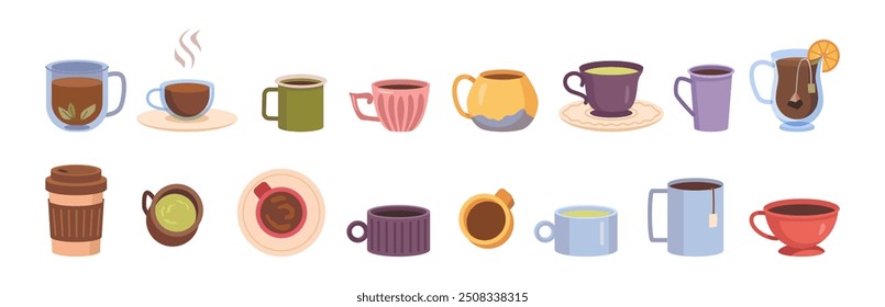 Collection of different modern ceramic or glass cups with saucers. Vector isolated set of mugs filled by hot and cold beverages. Cute trendy crockery with handle for caffeine or tea drinks