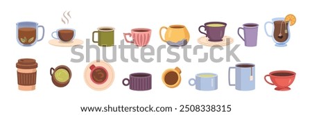 Collection of different modern ceramic or glass cups with saucers. Vector isolated set of mugs filled by hot and cold beverages. Cute trendy crockery with handle for caffeine or tea drinks