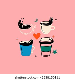 Collection of different modern coffee cups vector flat illustration. Cute trendy crockery with handle for drink