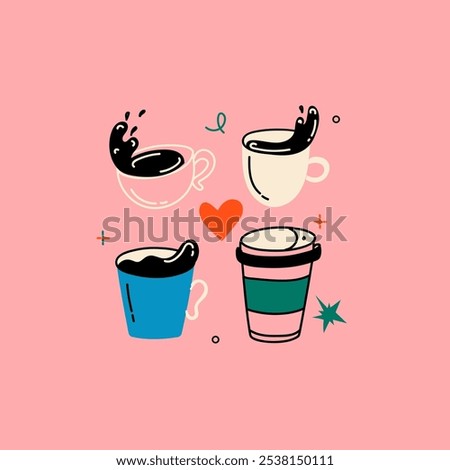 Collection of different modern coffee cups vector flat illustration. Cute trendy crockery with handle for drink