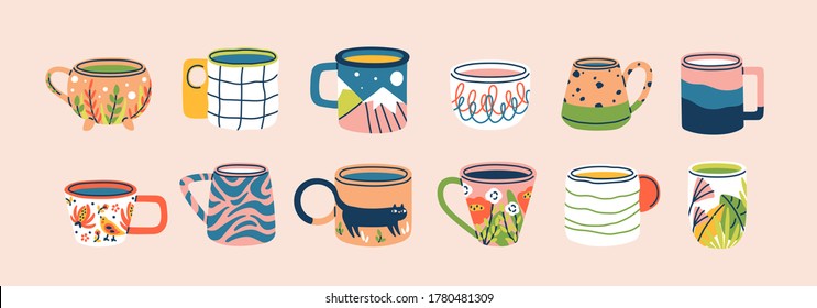 Collection of different modern cups decorated with design elements vector flat illustration. Set of colored mugs filling by beverages isolated. Cute trendy crockery with handle for drink