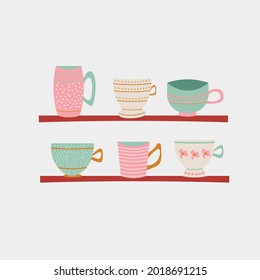 Collection of different modern cups decorated with design elements vector flat illustration. Set of colored mug. Cute trendy crockery with handle