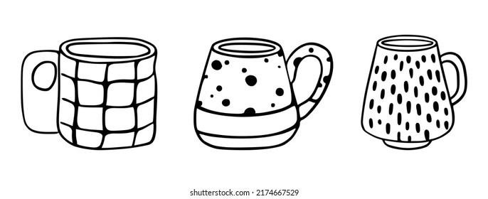 Collection of different modern cups decorated with design elements vector line art style illustration. Set of colored mugs. Vintage cups isolated on white background