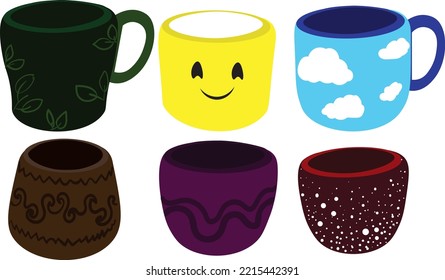 Collection of different modern cups decorated with design elements vector ceramics illustration. Set of colored mugs filling by beverages isolated. Cute trendy crockery with handle for drink