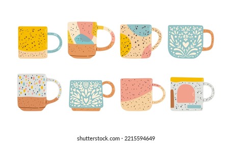 Collection of different modern cups decorated with design elements vector flat illustration