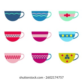Collection of different modern cups decorated with design elements vector flat illustration. Set of colored mugs filling by beverages isolated. Cute trendy crockery with handle for drink
