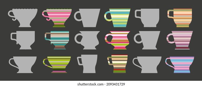 Collection of different modern cups. Set of colored mugs. Cute trendy crockery with handle for drink. Vector illustration. 