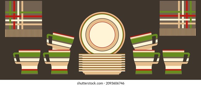 Collection of different modern cups. Set of colored mugs. Cute trendy crockery with handle for drink. Vector illustration. 