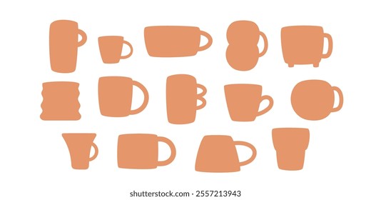 Collection of different modern cups silhouette set. Cozy home mug handmade boho pottery form. Vector flat illustration