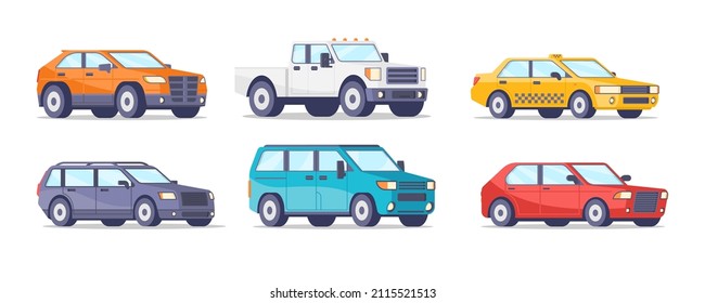 Collection different modern and retro automobile isometric vector illustration. Set of motor transportation service and personal passenger carrying isolated. SUV, taxi, car, auto, van travel moving