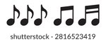 Collection of different musical notation icons. Black eighth and sixteenth notes. Beamed group of music signs.