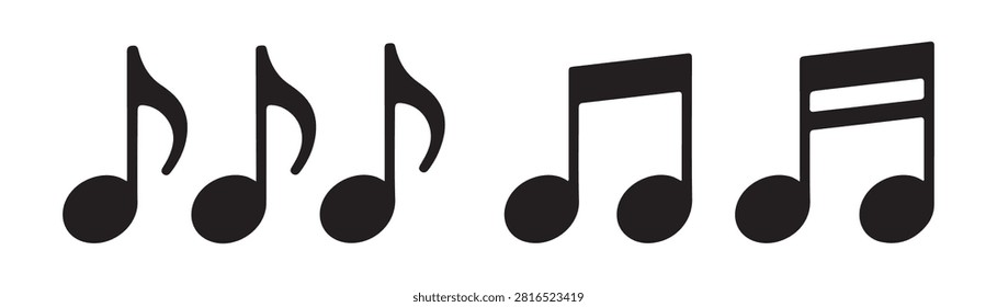 Collection of different musical notation icons. Black eighth and sixteenth notes. Beamed group of music signs.
